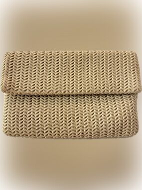 Madison West Woven Fold-Over Clutch in Natural Beige Long Gold Chain Strap
